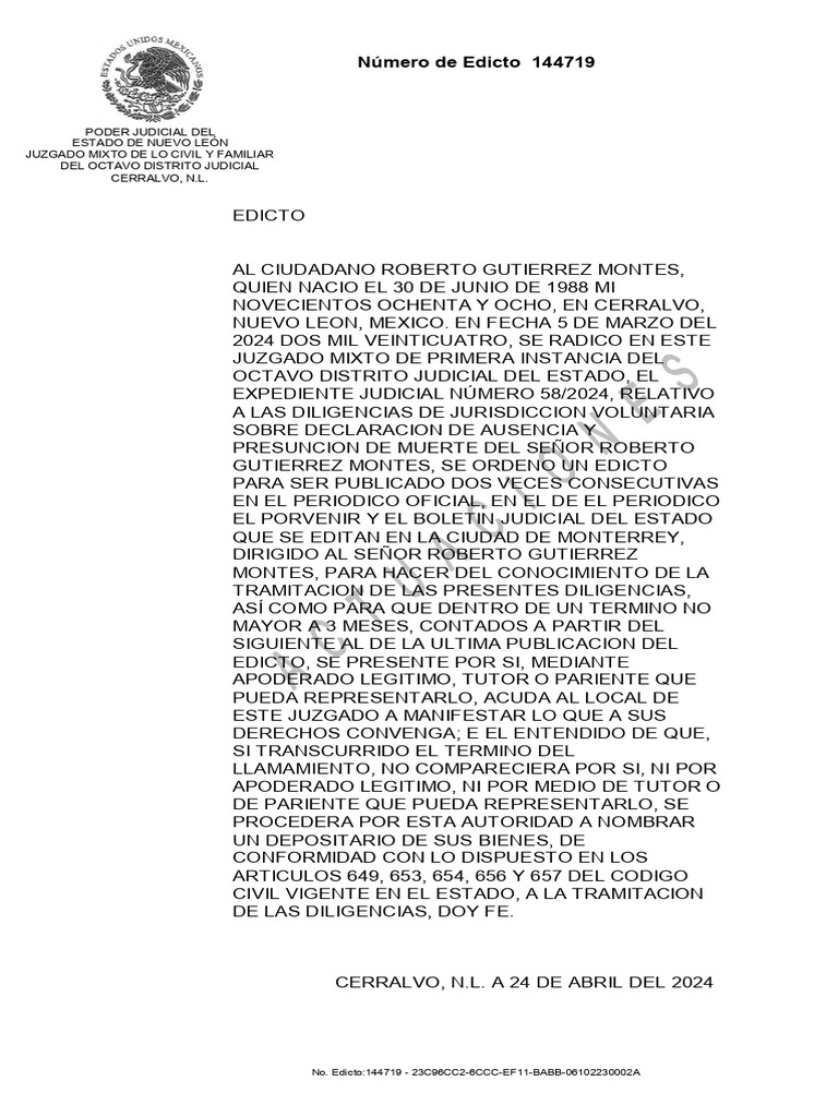 Edicto sobre Declaración de Ausencia | PDF | Judicaturas | Separación ...