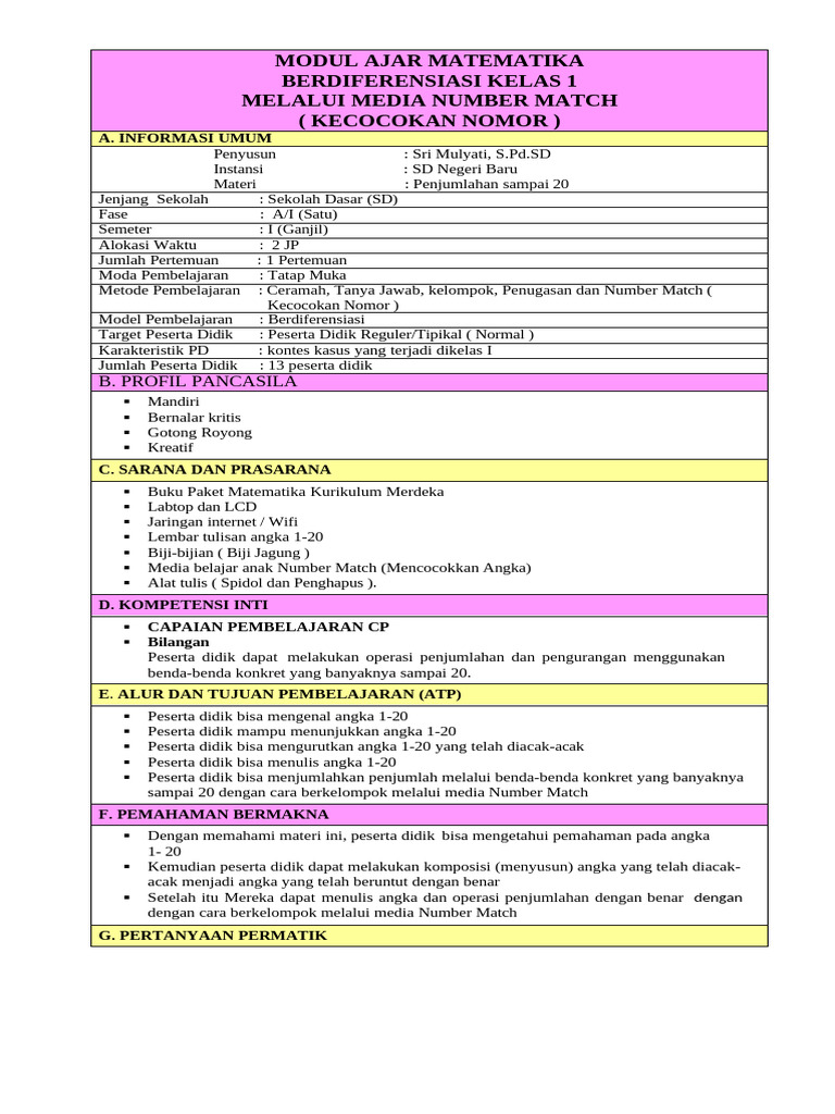 Modul Ajar Kelas 1 Matematika | PDF
