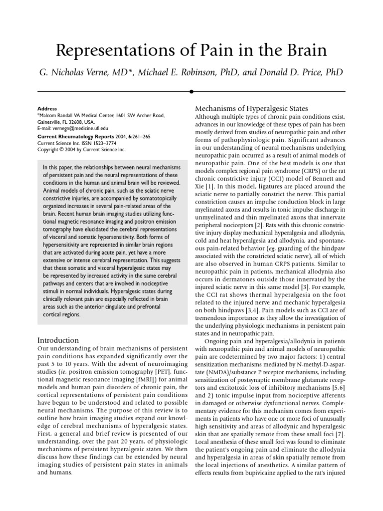 Representations of Pain in The Brain | PDF | Pain | Nervous System