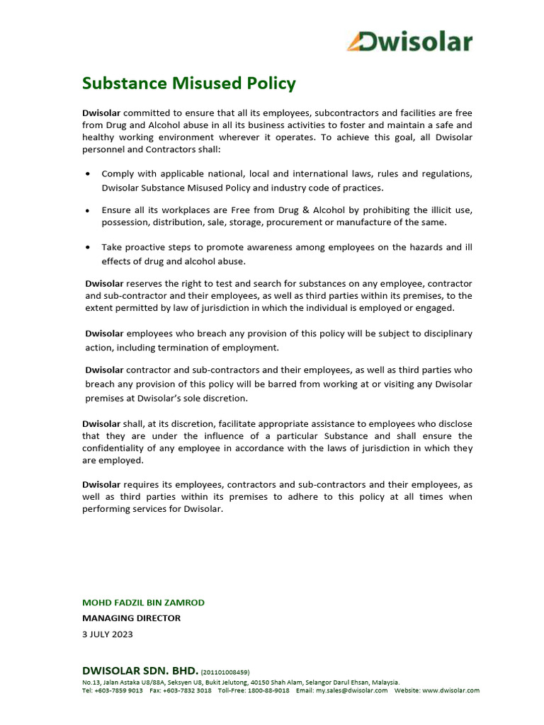 Dwisolar Substance Misuse Policy | PDF