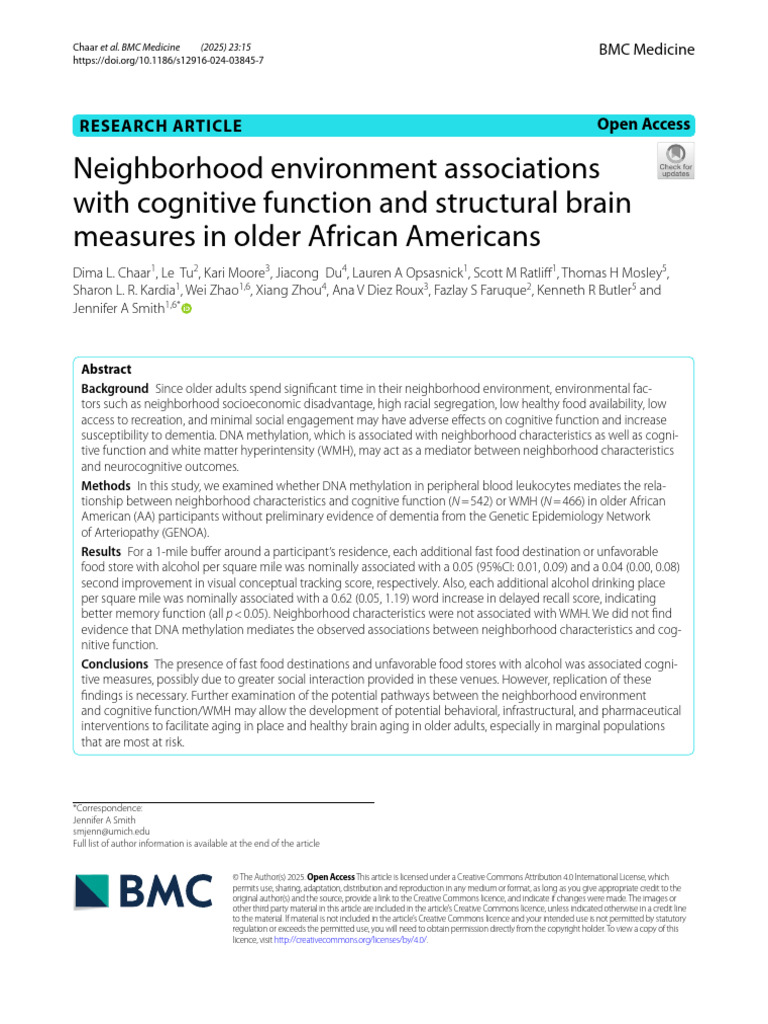Neighborhood environment associations with cognitive function and ...