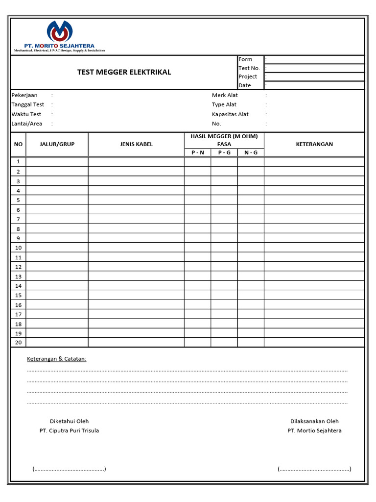 Formulir Hasil Tes Megger Elektrikal | PDF