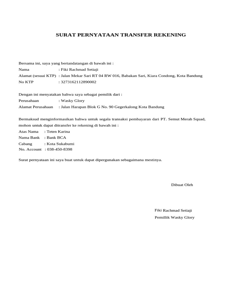 Surat Pernyataan Transfer Rekening | PDF