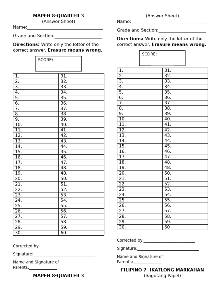 MAPEH 8 - Answer Sheet | PDF | Philippines