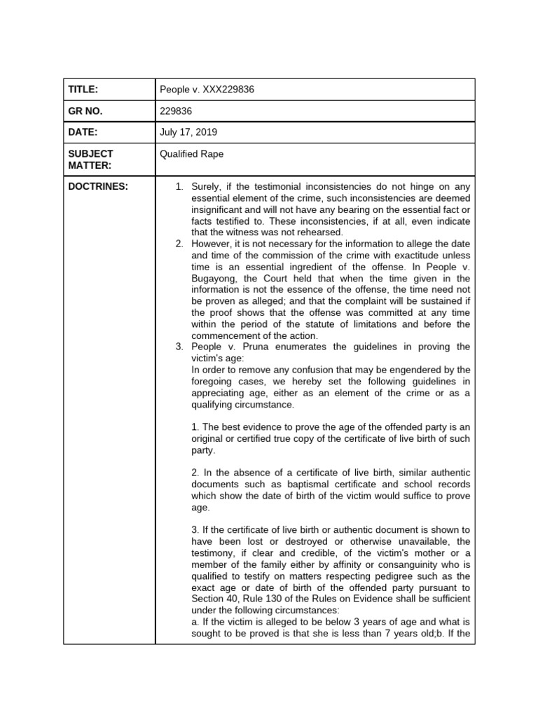 People v. XXX: Qualified Rape Case | PDF | Rape | Witness