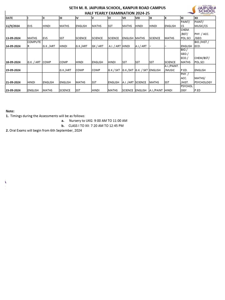Half Yearly Datesheet 2024 Updated | PDF