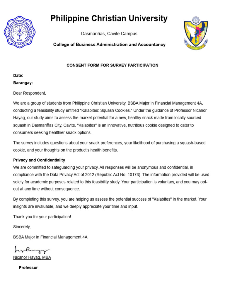 Consent Letter & Survey Questionnaire | PDF