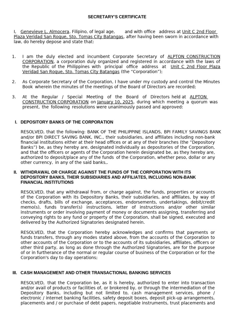 Corporation Secretary S Certificate | PDF | Banks | Negotiable Instrument