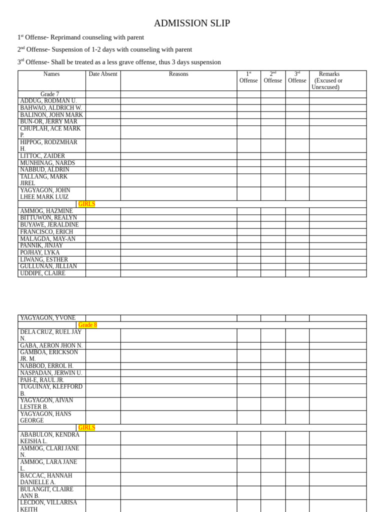 Admission Slip 2023-2024 | PDF