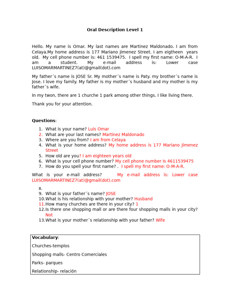 Oral Description: Personal Introduction | PDF