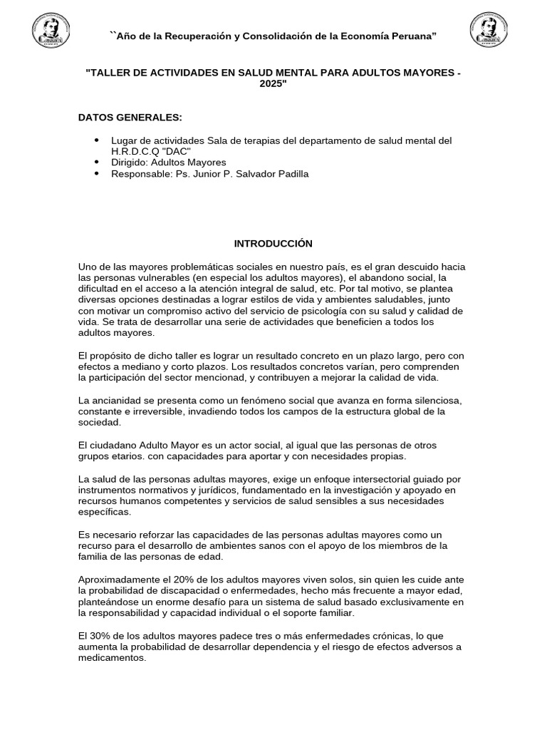 Taller de Salud Mental para Adultos Mayores | PDF | Adultos | Vejez