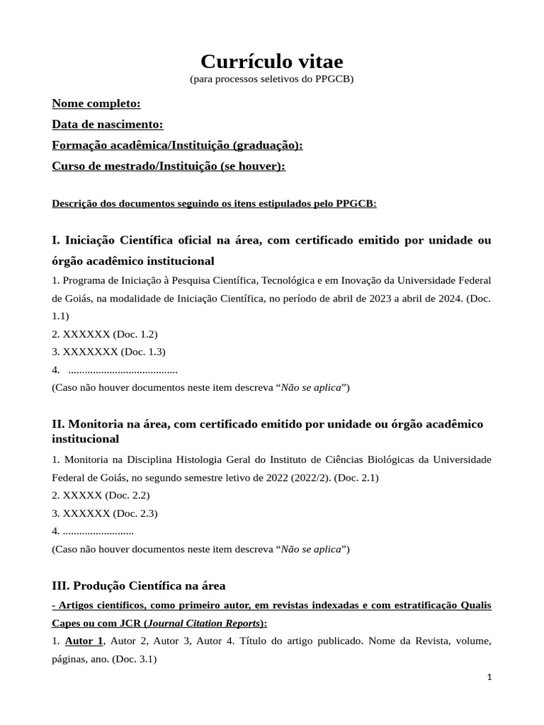 Currículo Vitae para PPGCB | PDF | Science | Universidade