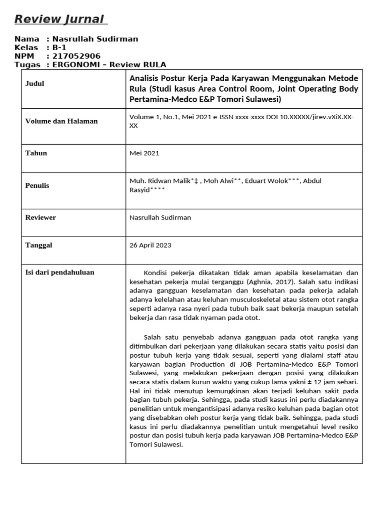 Analisis RULA Postur Kerja Karyawan | PDF