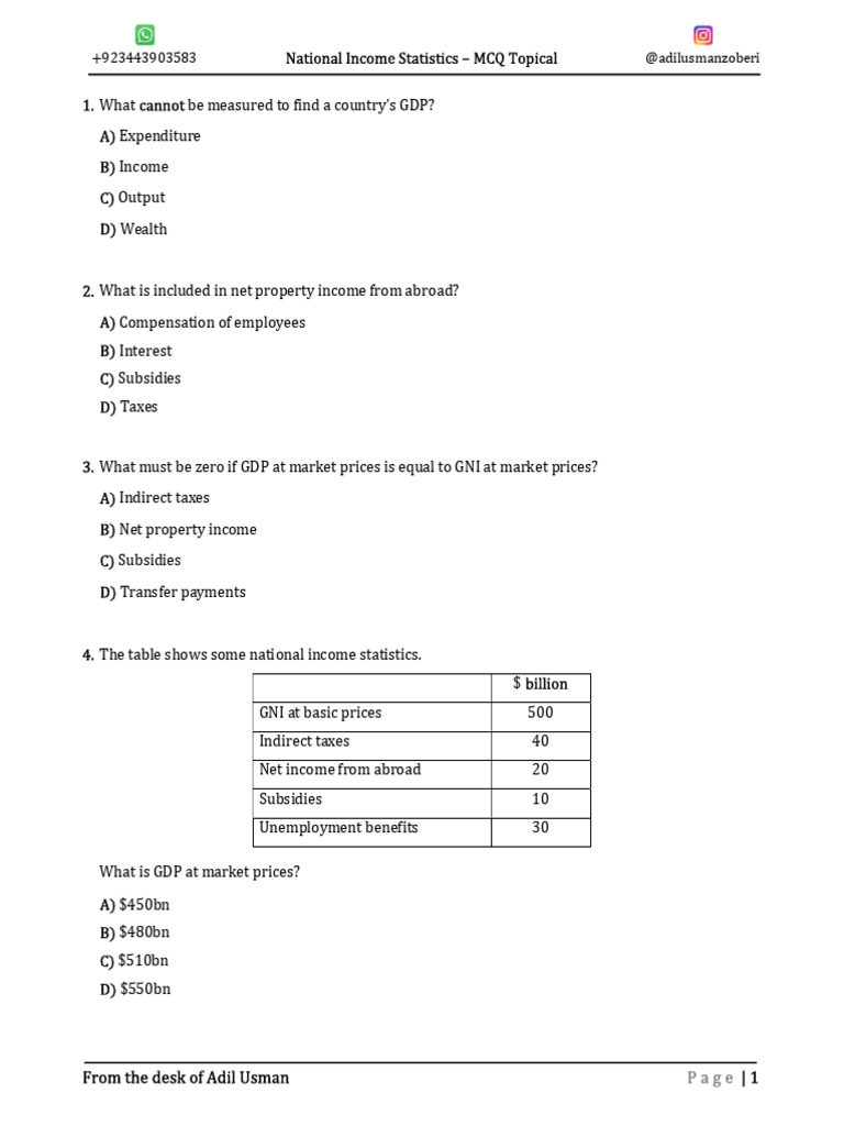 National Income MCQs for Exam Prep | PDF | Gross Domestic Product ...