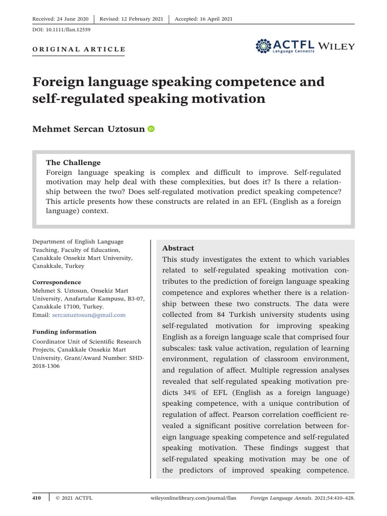Self-Regulated Motivation in EFL Speaking | PDF | Motivational | Motivation