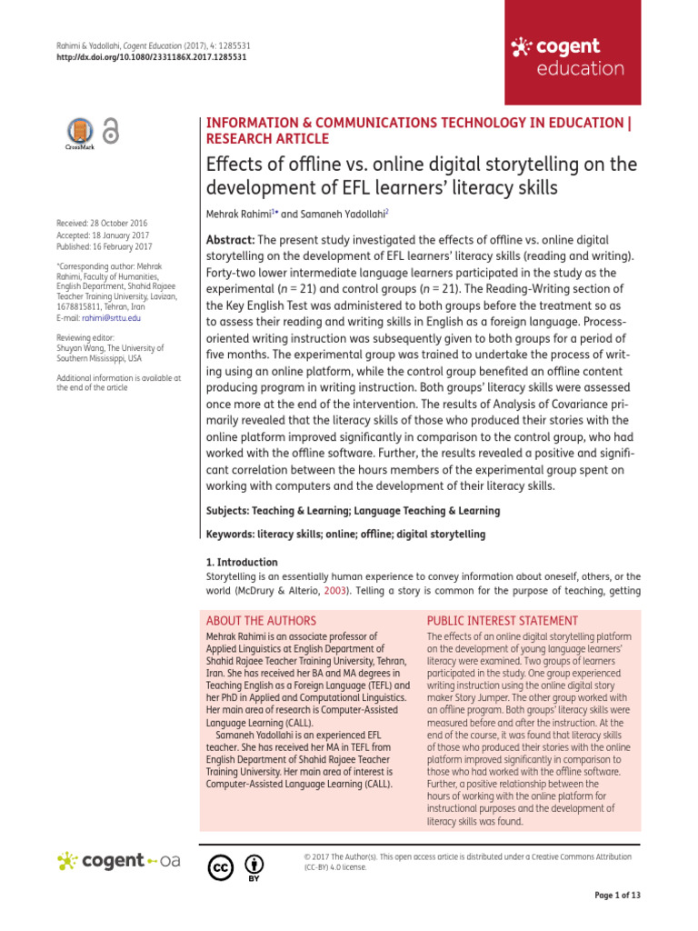 Effects of Offline vs. Online Digital Storytelling On The Development ...