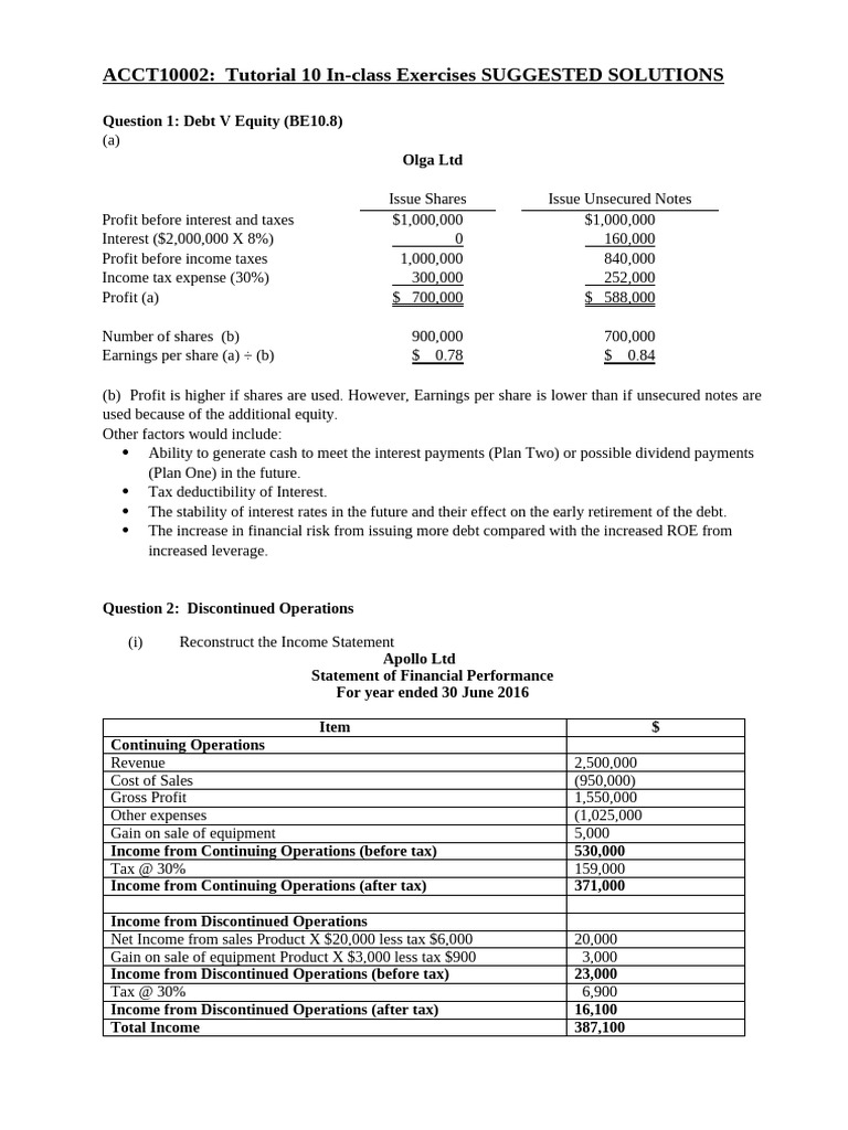 ACCT10002 Tutorial 10 Solutions Overview | PDF | Income Statement | Expense