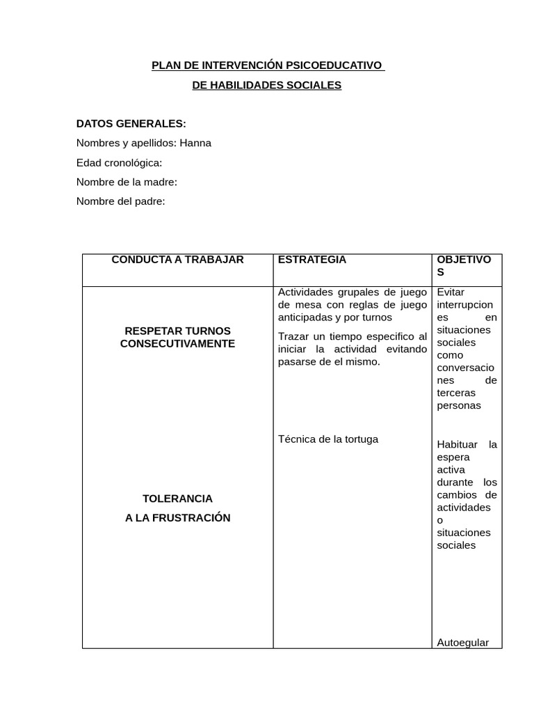 Plan de Intervención en Habilidades Sociales | PDF | Las emociones ...