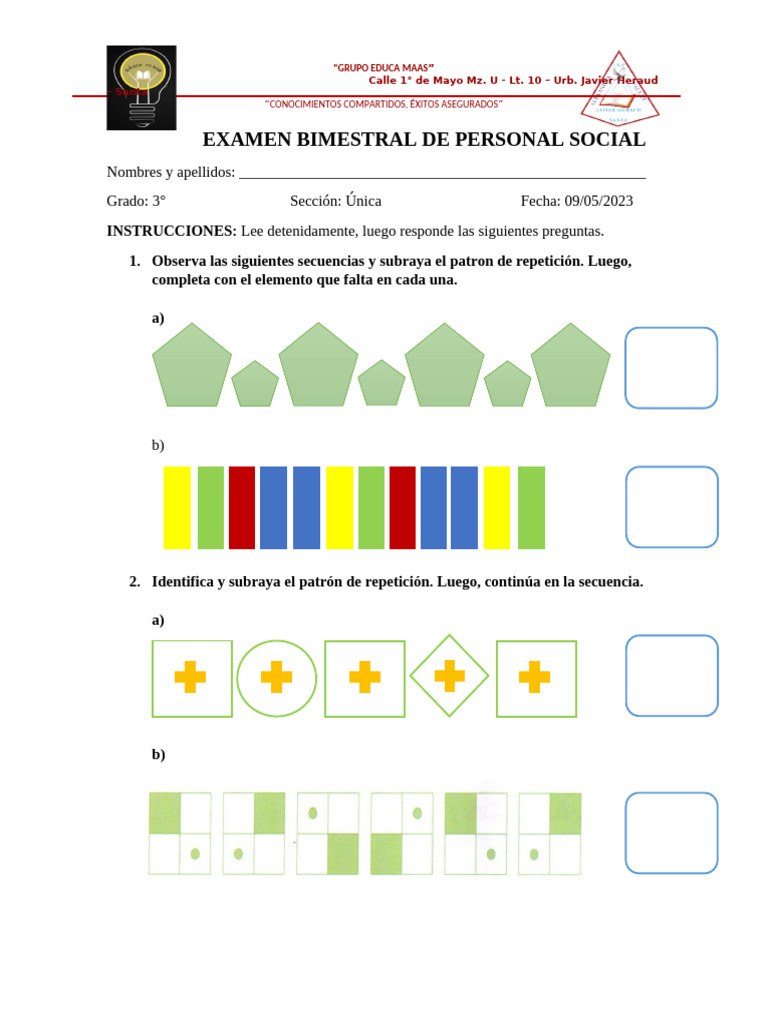 Examen Bimestral de Personal Social 3° | PDF