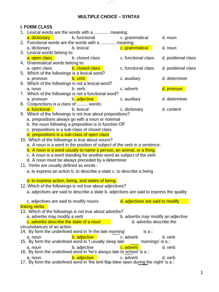 Syntax Multiple Choice Questions | PDF | Part Of Speech | Verb