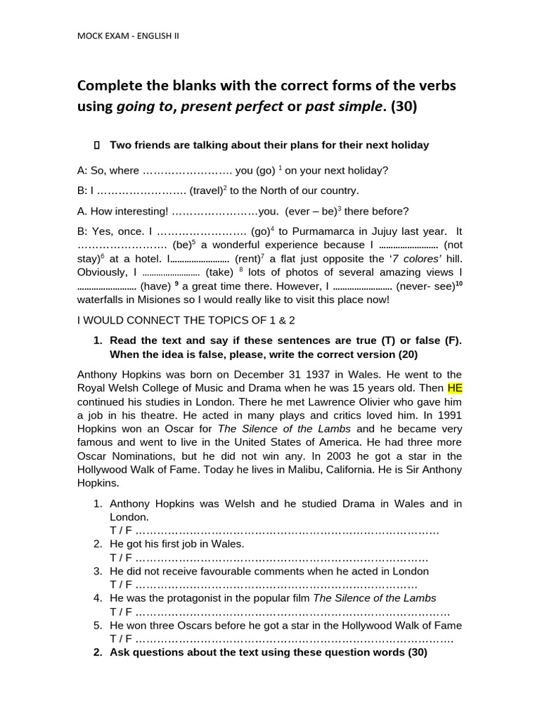 Modelo de Examen Inglés 2 2023 | PDF