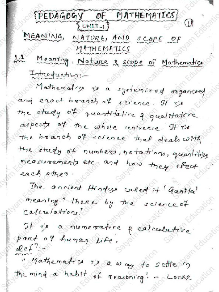 MATHEMATICS UNIT 1 NOTE SATYAM EDUCATION Pass - Satyasir - Compress | PDF