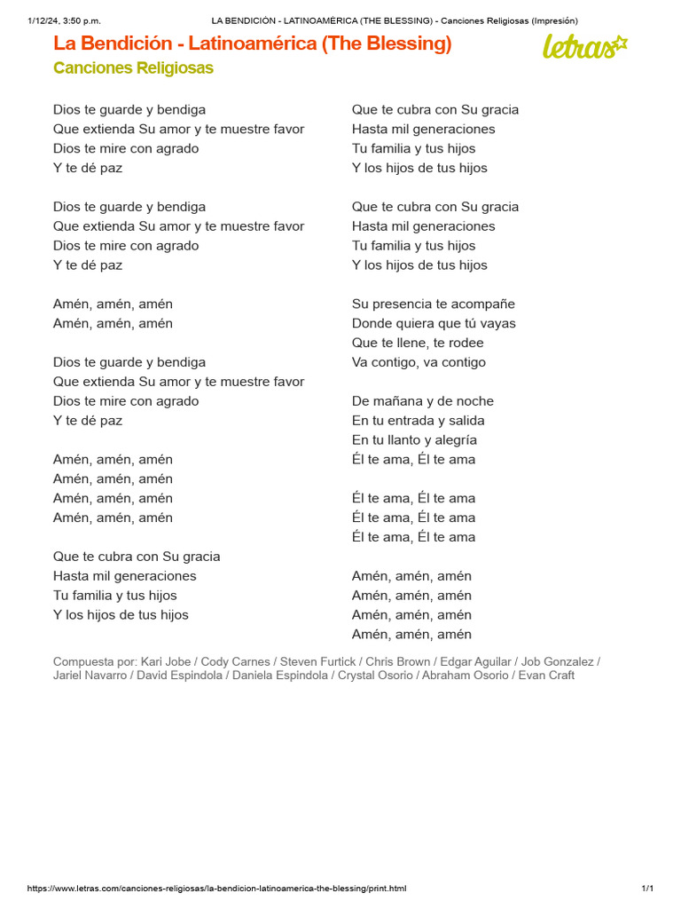 Letra de "La Bendición" en Español | PDF