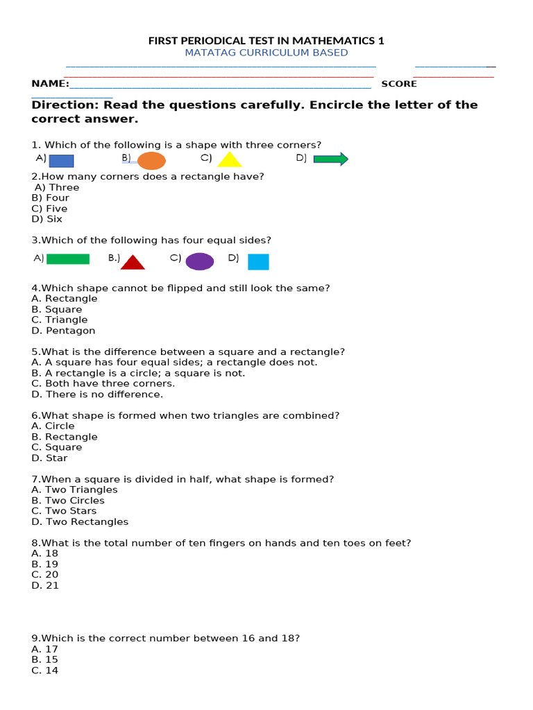 Math 1 First Periodical Test Guide | PDF | Shape | Rectangle