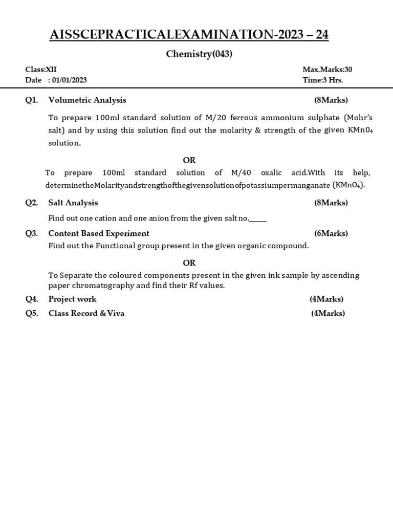 LAST YEAR CHEMISTRY CBSE PRACTICAL EXAM QUESTION PAPER 2023 - 24 | PDF