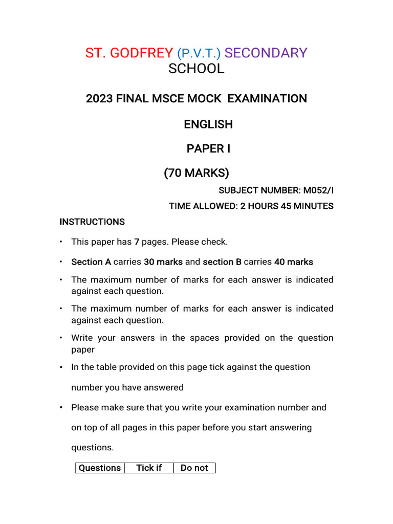 St. Godfrey MSCE English Mock Exam 2023 | PDF | Adverb | Adjective