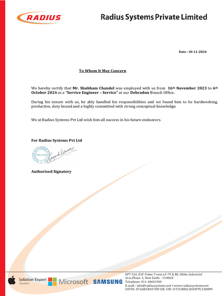 Experience Letter - Shubham Chandel | PDF