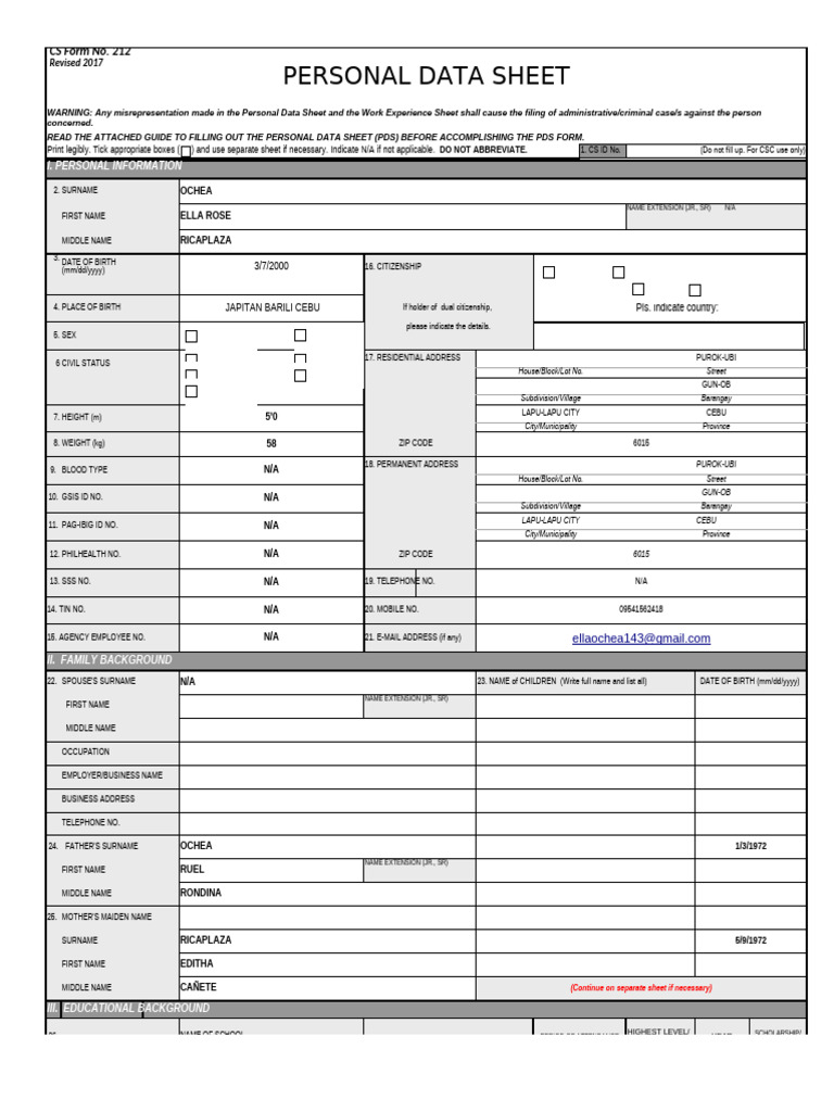 Personal Data Sheet (PDS) Template | PDF | Government | Justice