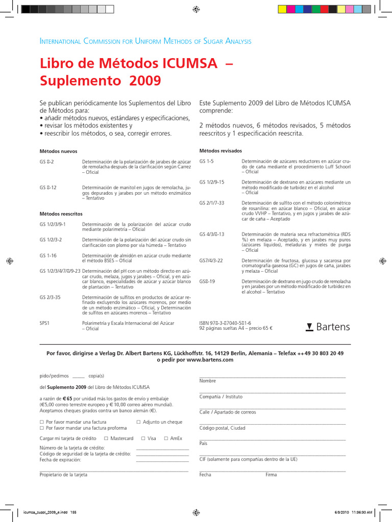 Suplemento 2009 Métodos ICUMSA | PDF | Azúcar | Dieta y nutrición