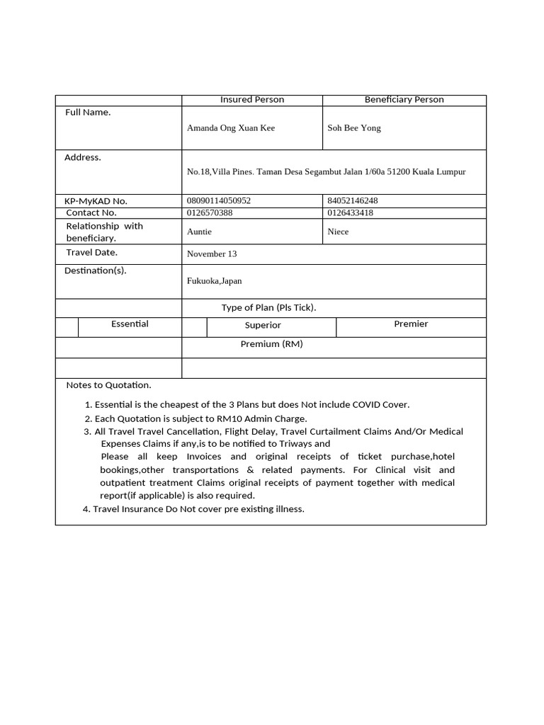 Travel Insurance Quotation Details | PDF