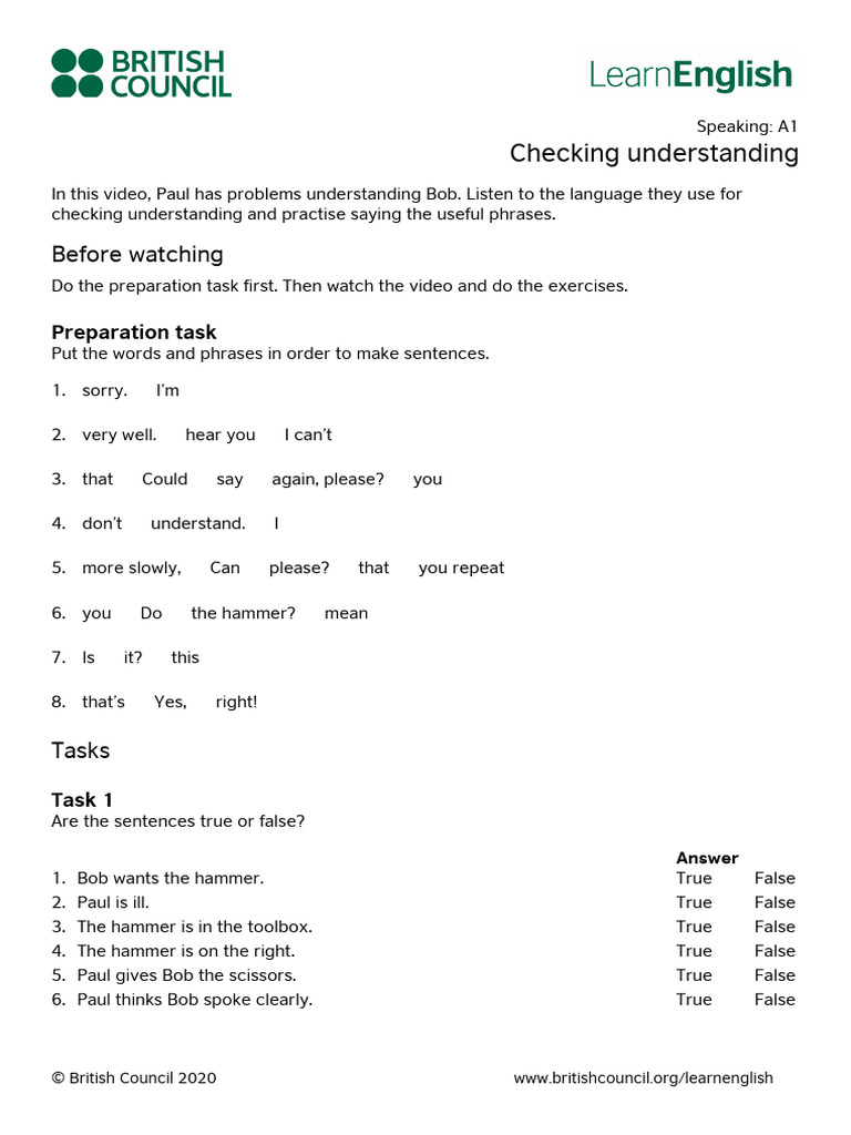 Checking Understanding in A1 Speaking | PDF