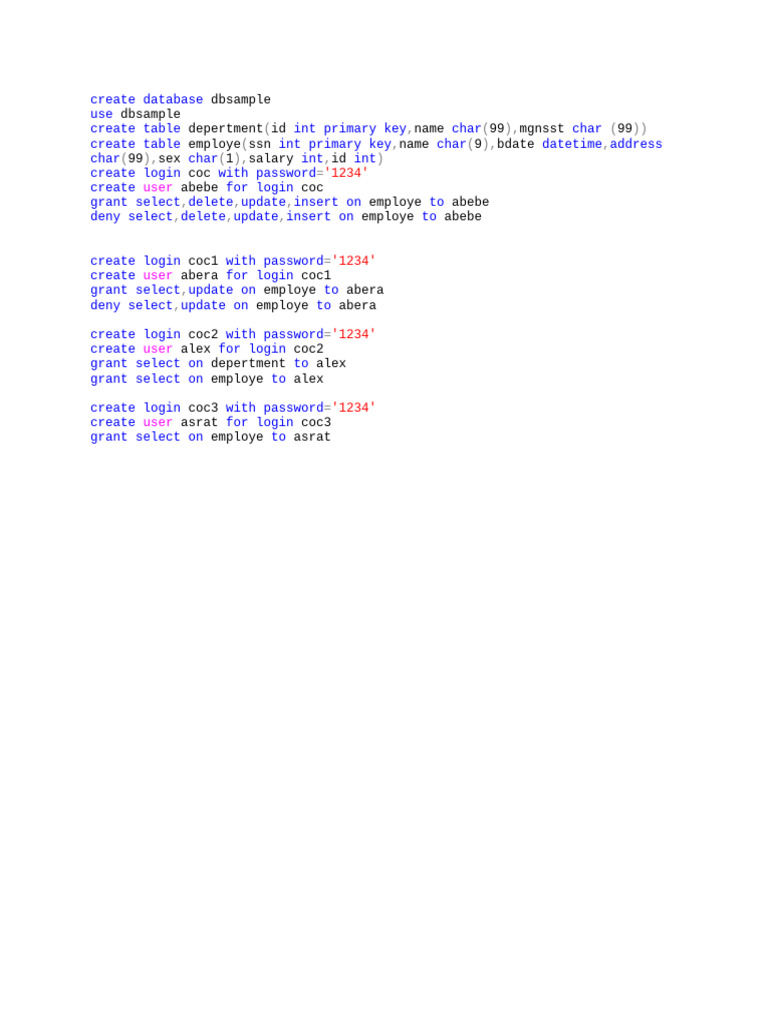 SQL Database and User Permissions Setup | PDF