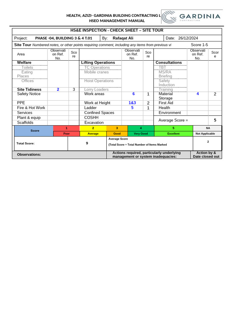 HSE Inspection Checklist for Construction | PDF | Occupational Safety ...