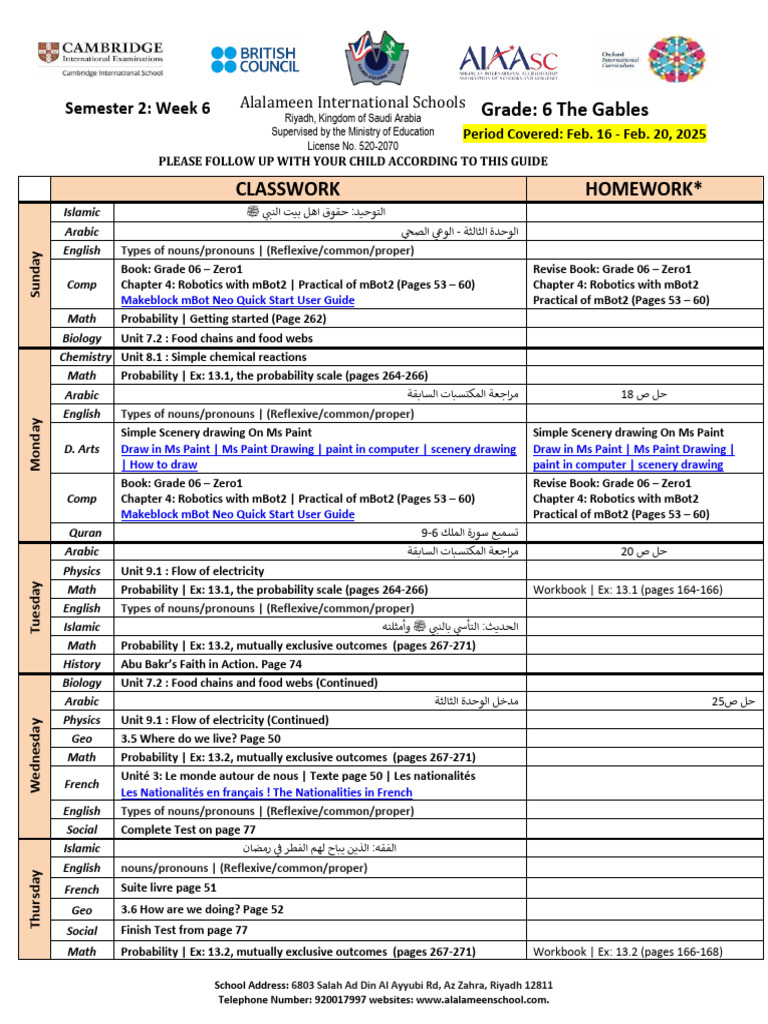 Grade 6 Weekly Class Plan | PDF