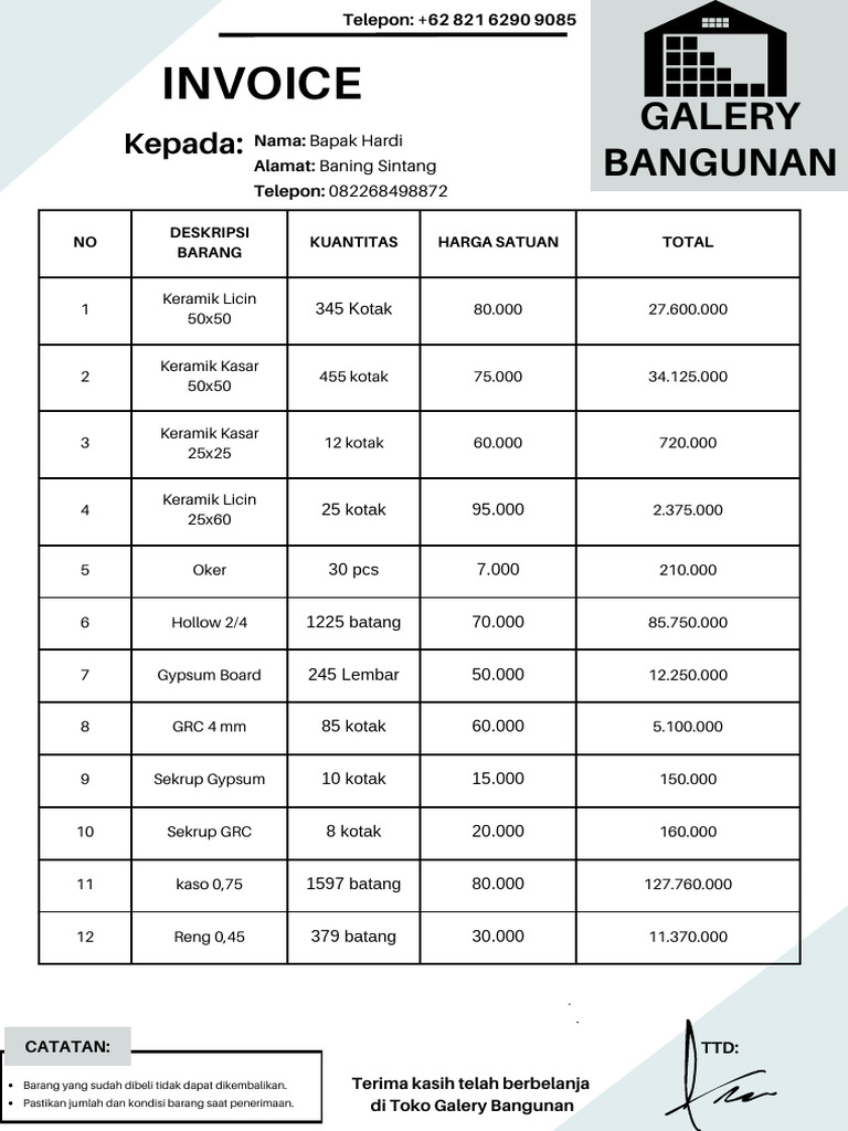 Rincian Invoice Pembelian Material Bangunan | PDF