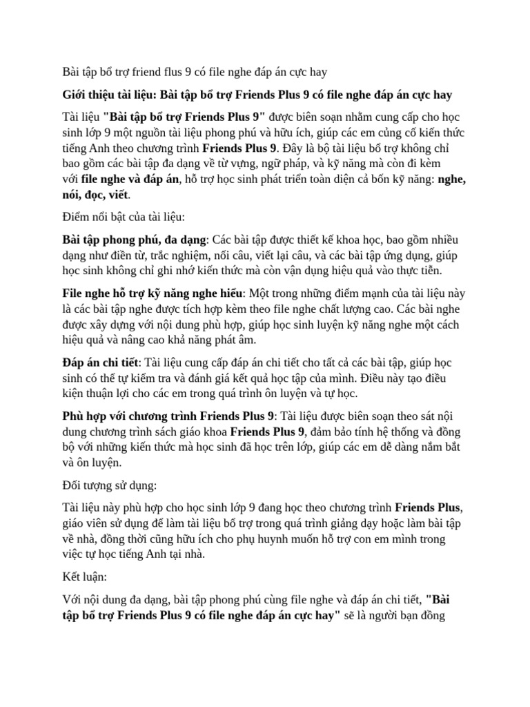Bài tập bổ trợ friend flus 9 có file nghe đáp án cực hay | PDF