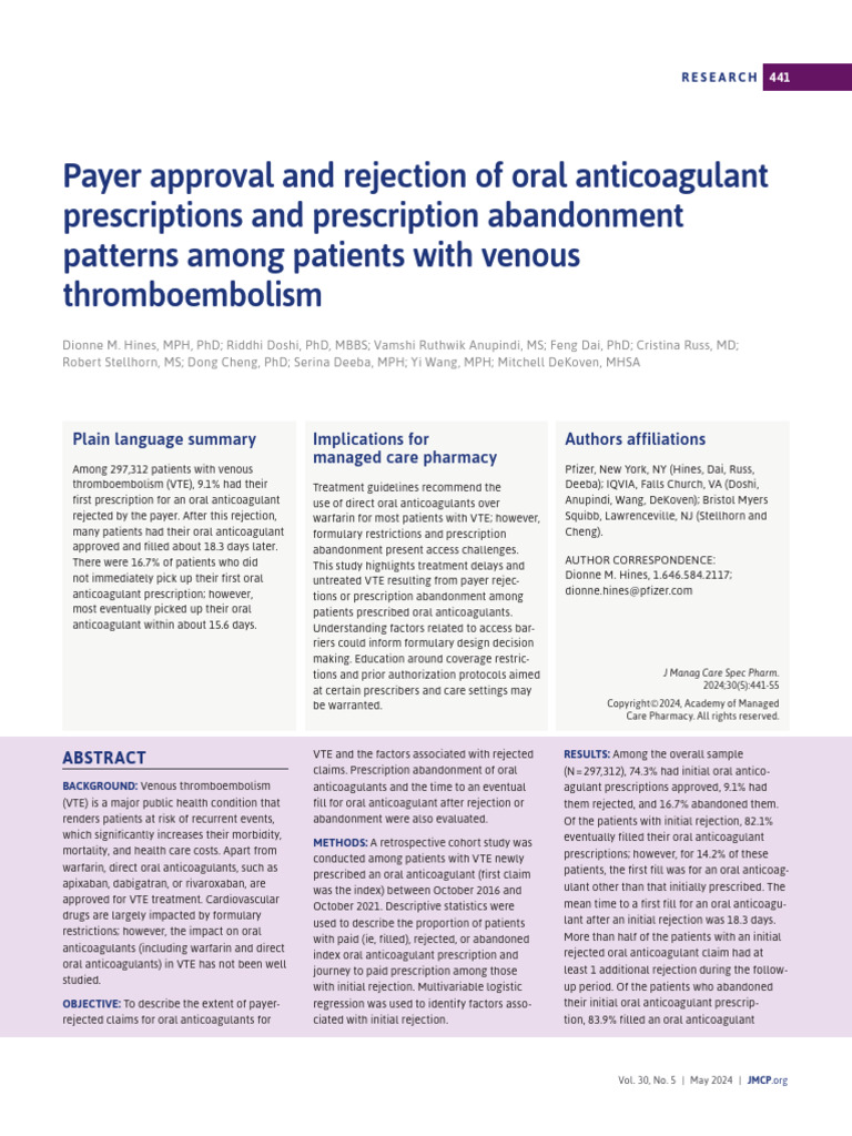 Payer Rejections in Oral Anticoagulant Use | PDF | Prescription Drugs ...
