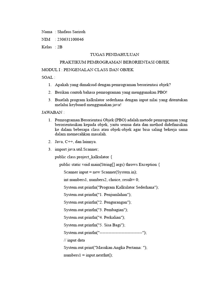 Pengenalan PBO dan Kalkulator Java | PDF