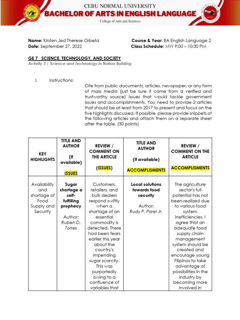 GE 7 - Activity 3 Science and Technology in Nation Building (Orbeta ...