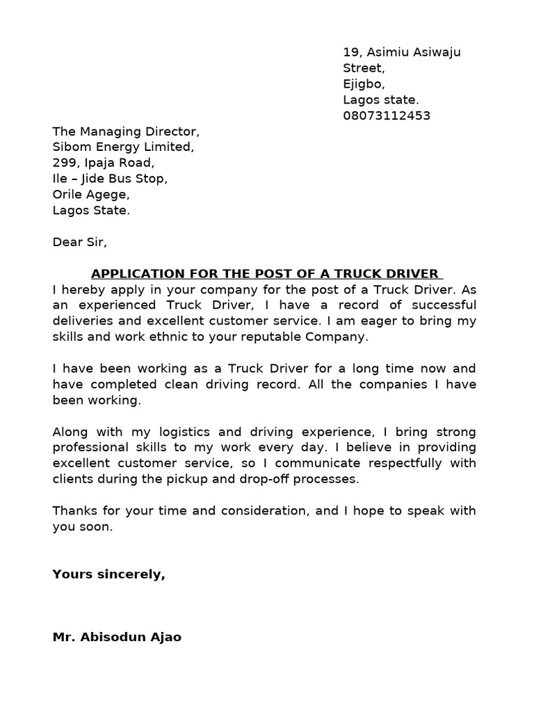 Truck Driver Application Letter | PDF