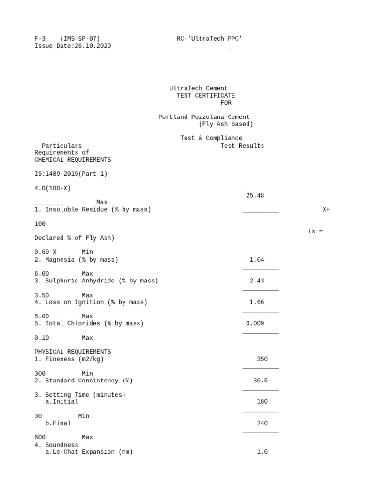 UltraTech PPC Test Certificate Summary | PDF | Cement | Composite Material