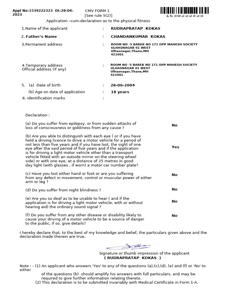 Application for Physical Fitness Declaration | PDF