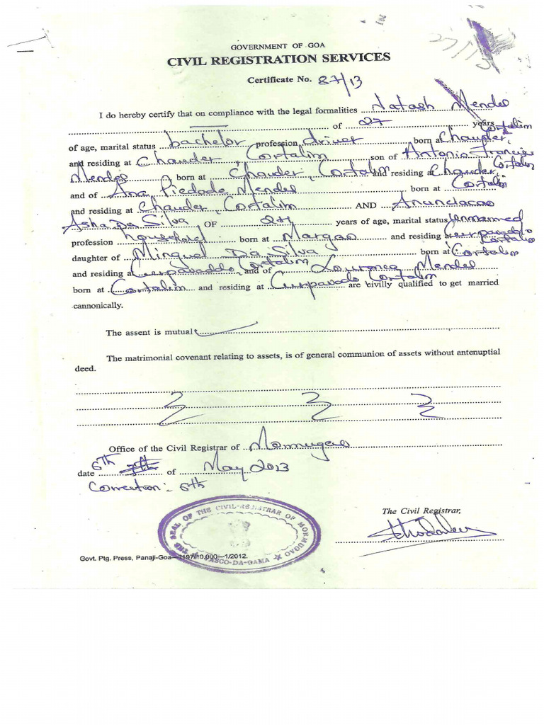 Goa Death and Birht Certificate | PDF