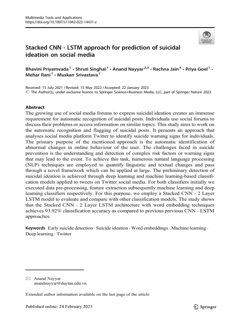 2023 Stacked CNN LSTM Approach For Prediction of Suicidal Ideation ...