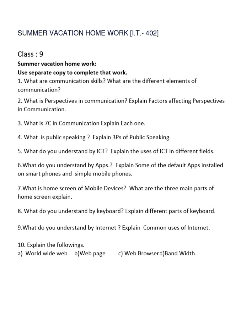 Summer Vacation Home Work Class 9 | PDF