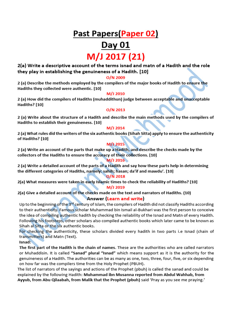 Paper 02 Day 01-1 | PDF | Hadith | Ali